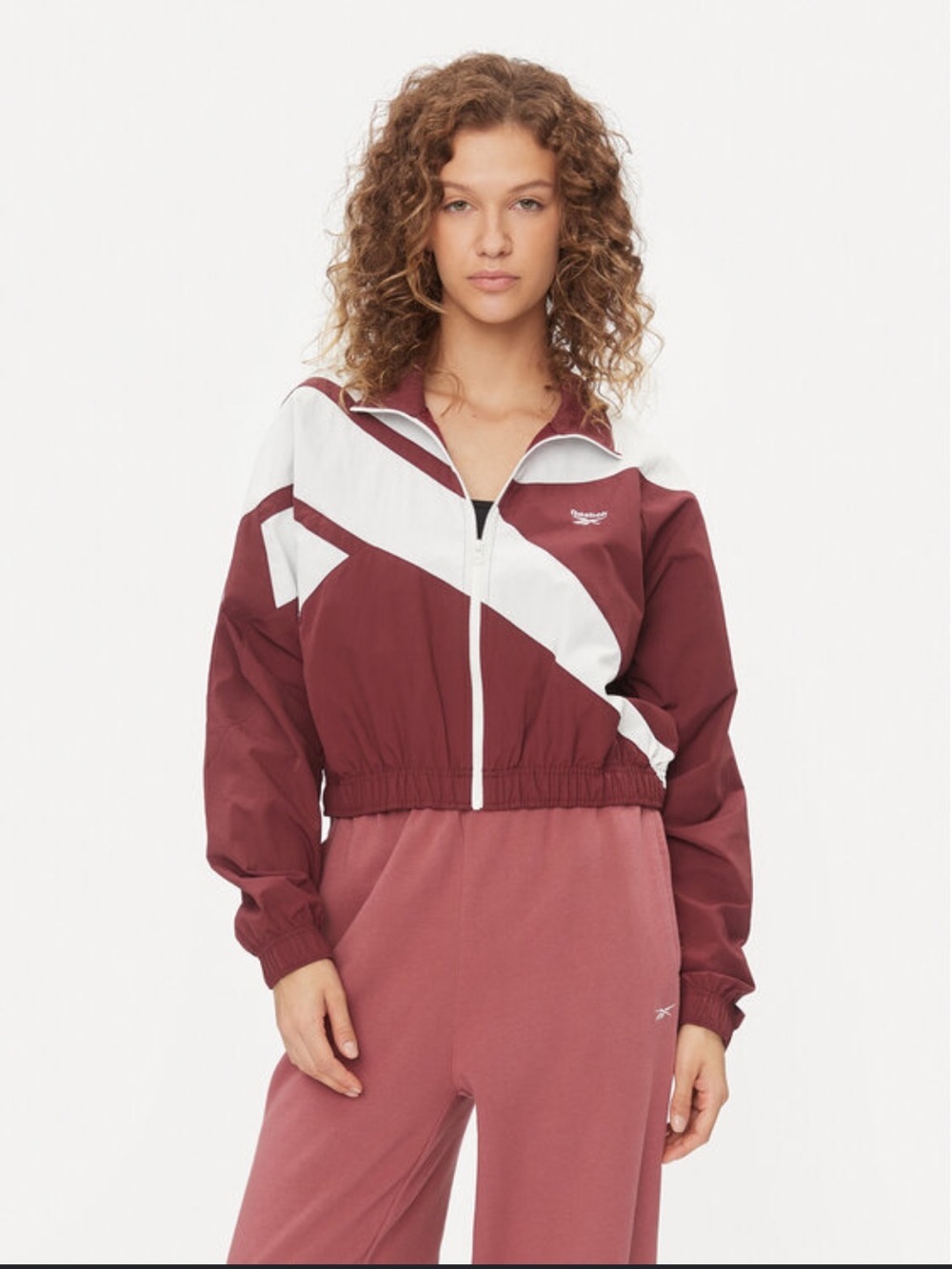 Reebok Maroon and White Cropped Track Jacket CL AE FR TT 2XS